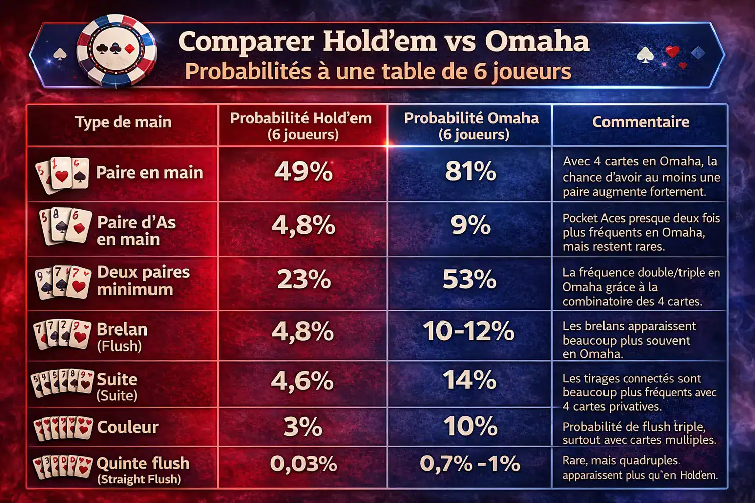Différentes probabilitées entre le Texas Hold'em et le Poker Omaha