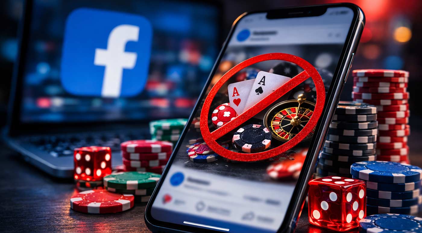 Smartphone showing gambling-related Facebook content, surrounded by casino chips and a red prohibition symbol.