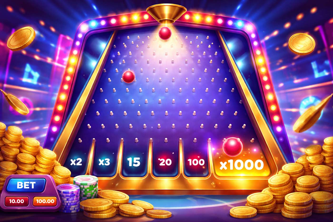 Plinko-style mini game board with glowing pegs, falling balls, and bright multiplier slots in a colorful casino-style digital illustration.