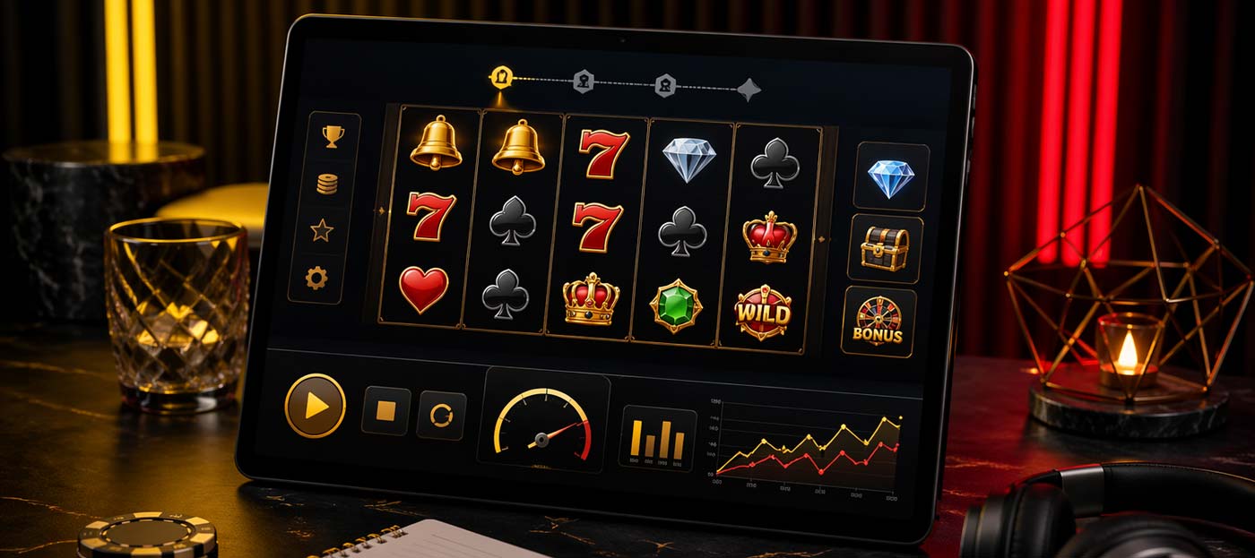 Tablet showing a casino slot game in demo mode with charts, notes and gaming symbols in a premium dark setting