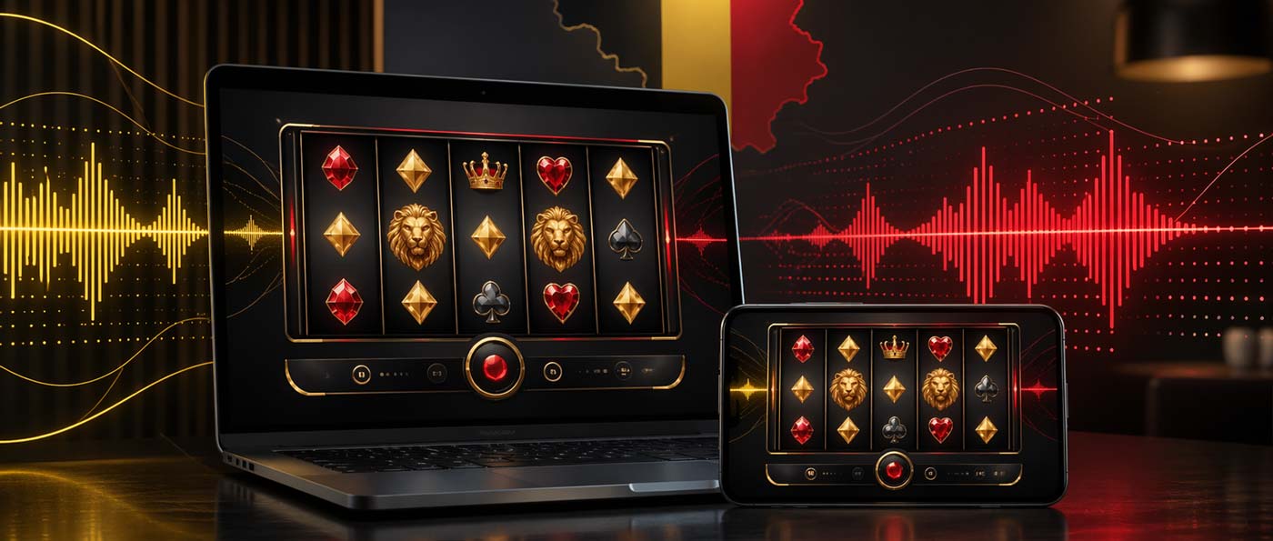 Un ordinateur et un écran mobile montrent un jeu de casino en ligne, avec un fond graphique rappelant la Belgique et des courbes représentant l’analyse du jeu.