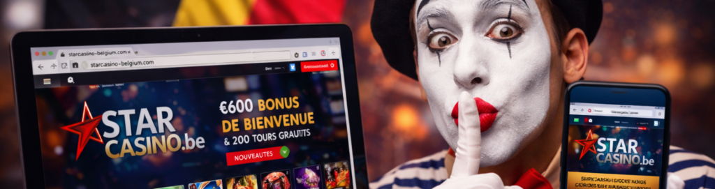 Mime holding a phone beside a laptop showing lookalike gambling websites, symbolising fake casino sites impersonating trusted brands in Belgium.