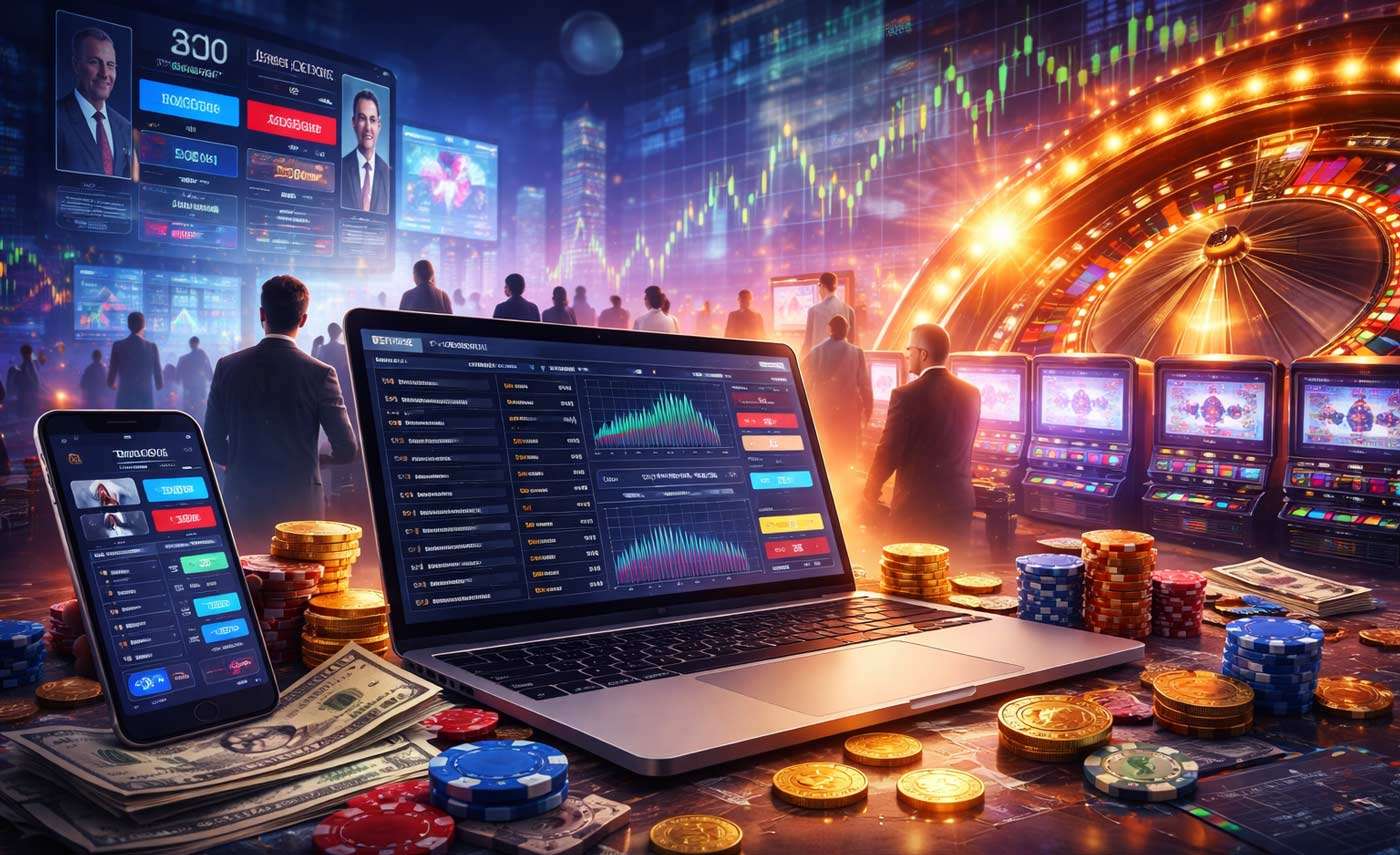 Digital illustration of a laptop and smartphone showing prediction market dashboards beside casino chips, cash, slot machines and a roulette wheel, symbolising the overlap between online speculation and gambling.