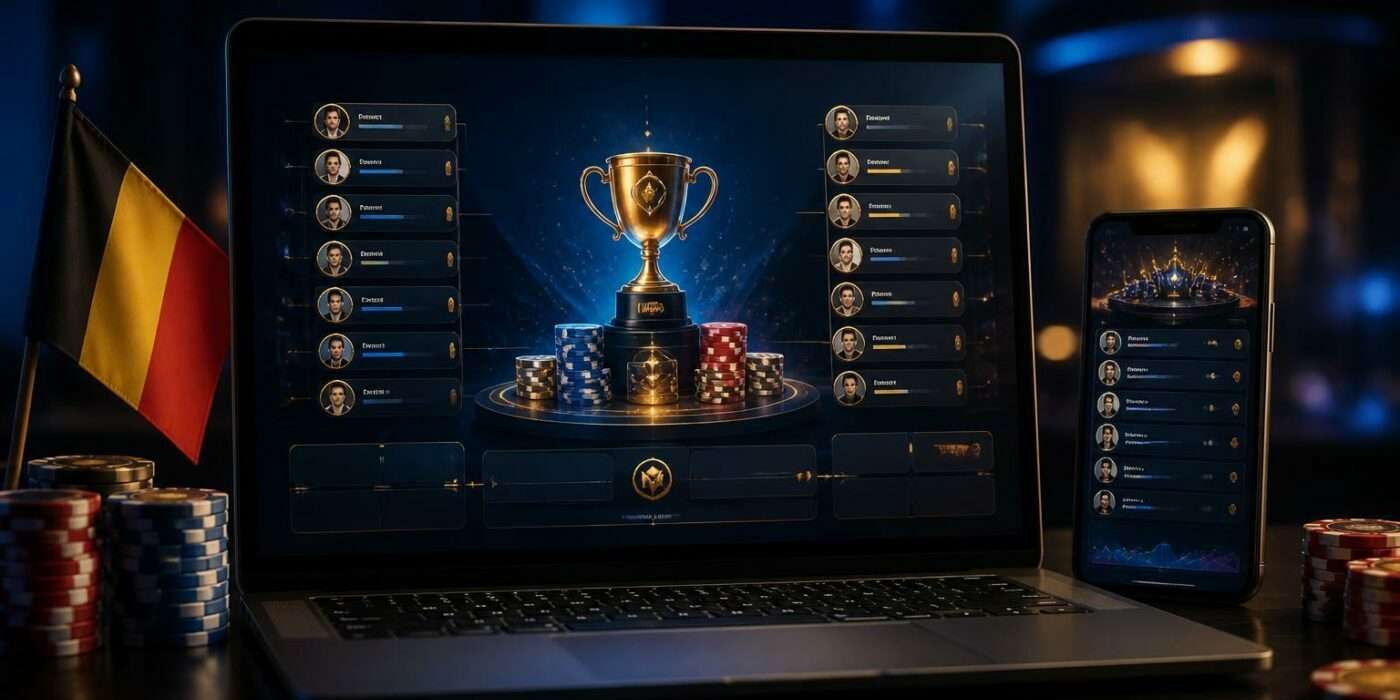 Belgian online casino tournament comparison on a laptop and phone