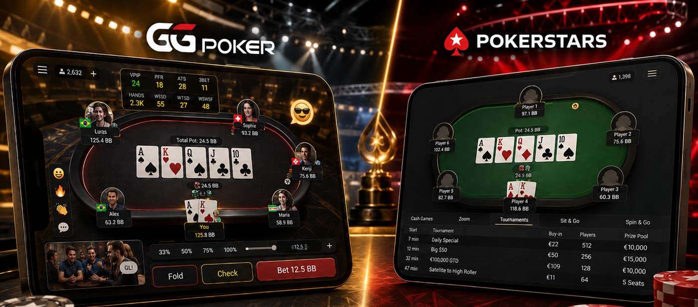 Comparatif des applications GGPoker et PokerStars avec tables de poker, statistiques et tournois en ligne