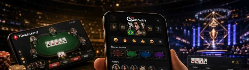 Interface GGPoker avec statistiques, avatars et personnalisation face à l’application PokerStars