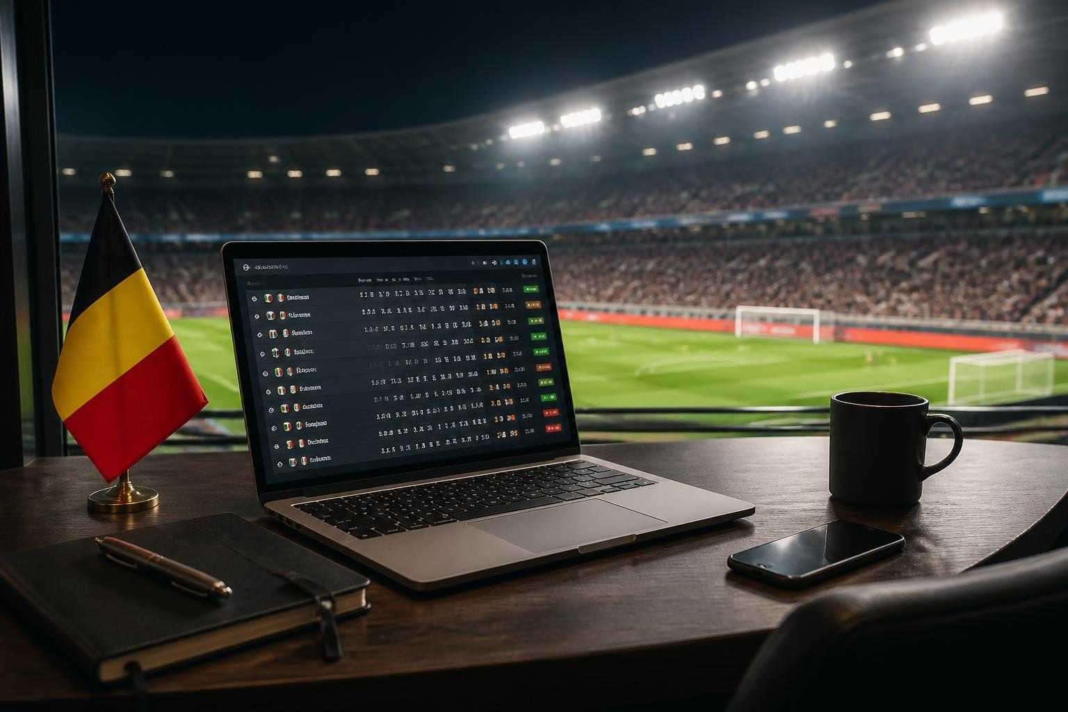 Belgian sports betting workspace with fixtures on a laptop and a notebook for accumulator planning