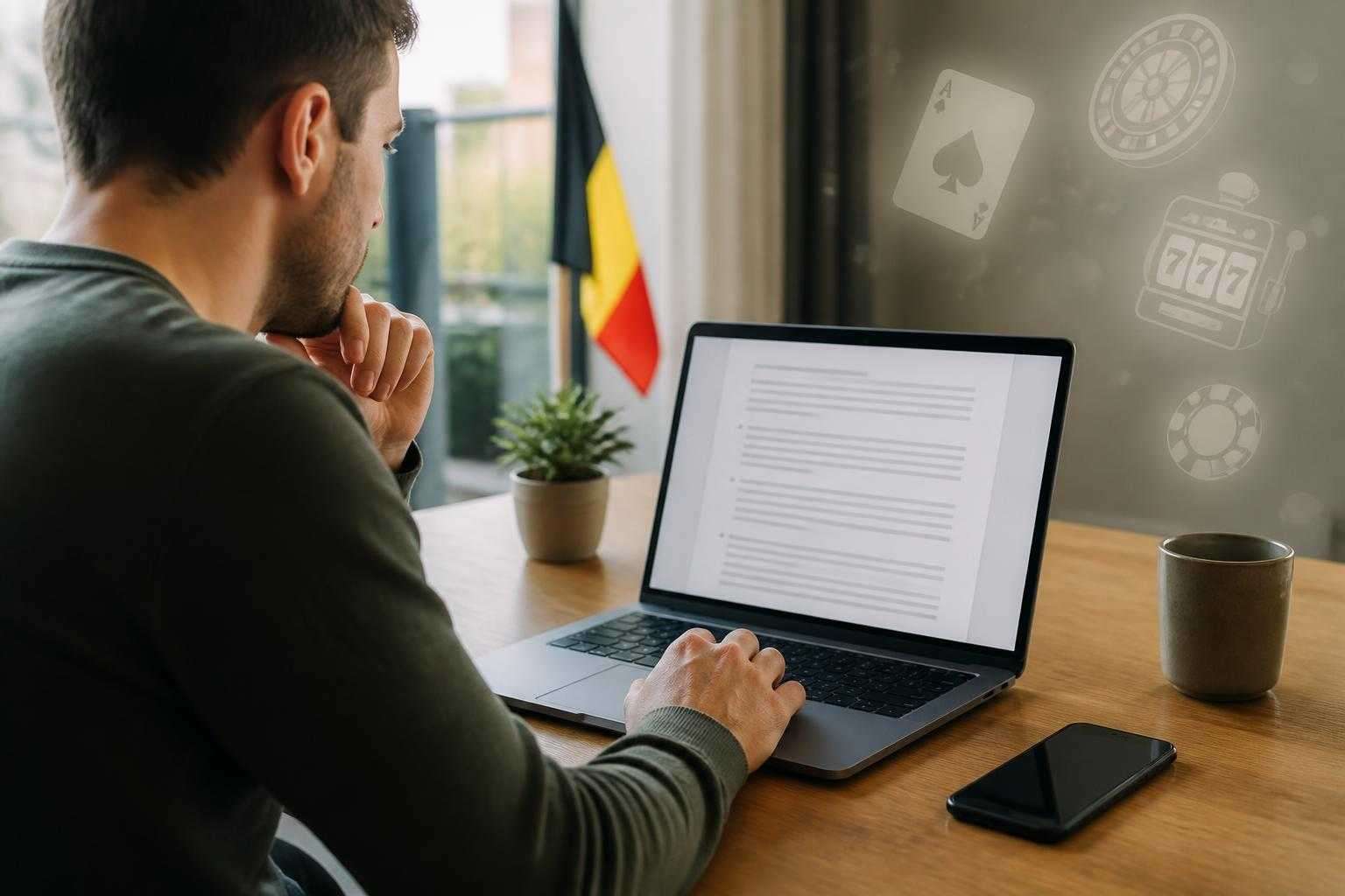 Belgian player reviewing casino promotion terms on a laptop
