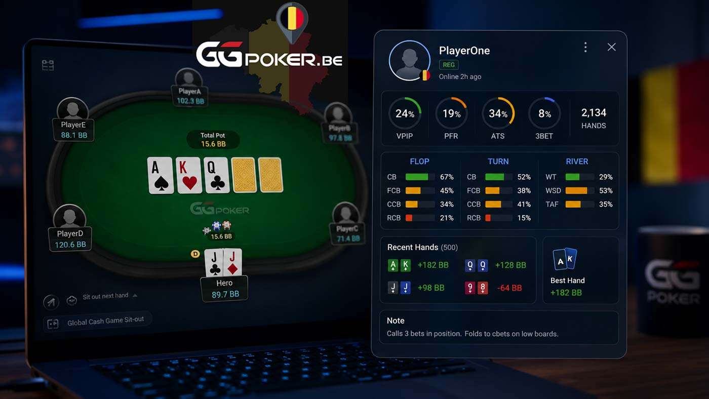 GGPoker table with Smart HUD statistics panel showing VPIP, PFR, ATS and 3-bet data