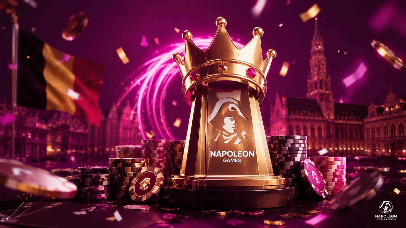 Golden tournament crown surrounded by casino chips in a Belgian city setting