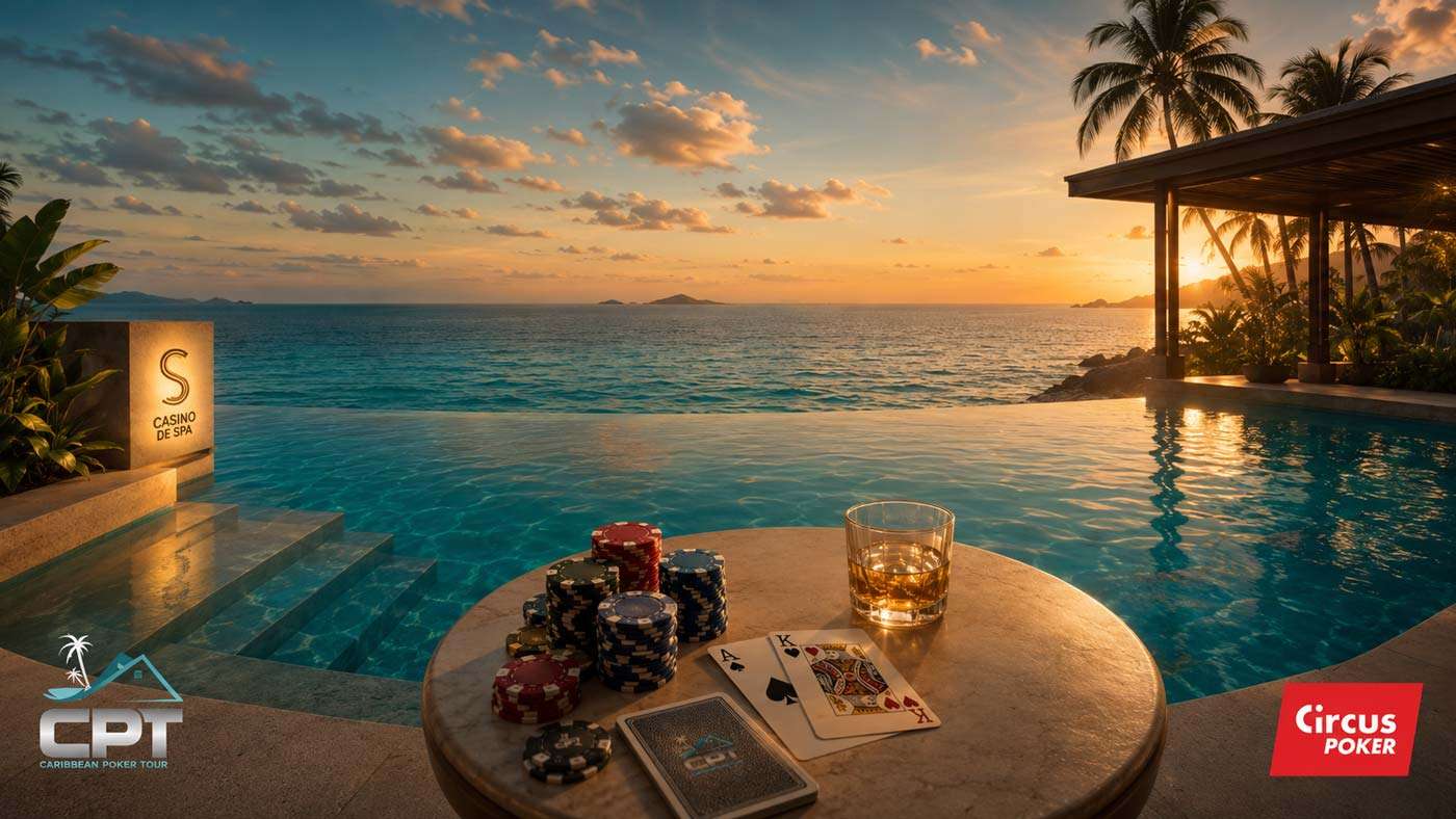Caribbean sunset pool scene with poker chips, cards and Casino de Spa branding