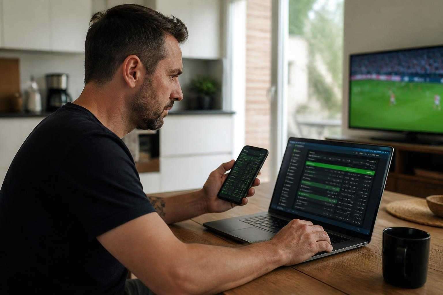 Belgian adult comparing sportsbook odds boost terms on a laptop and smartphone