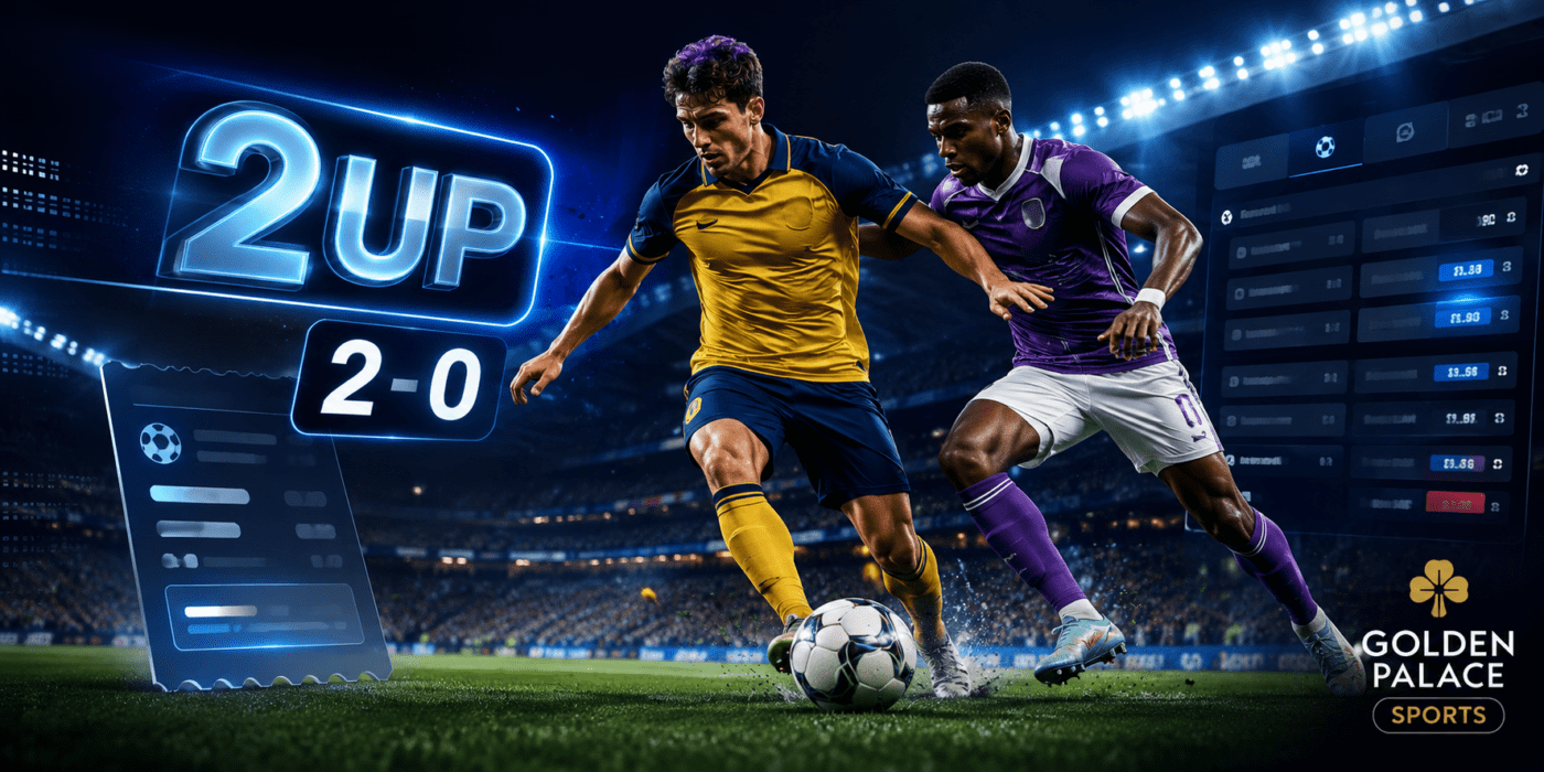 Two football players in a floodlit stadium with a neon 2UP graphic, a 2-0 score display and a sports betting interface, illustrating Golden Palace Sports’ early payout offer for Union–Anderlecht.