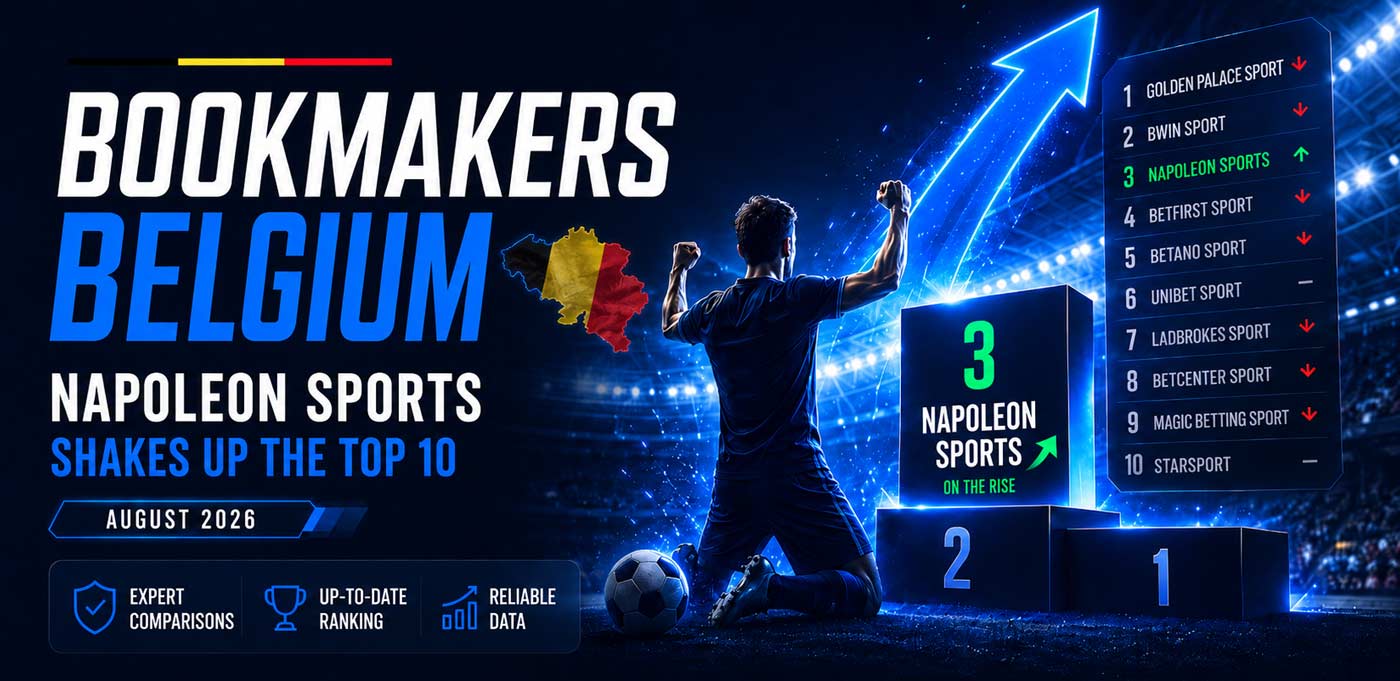 Belgian bookmakers ranking image showing Napoleon Sports rising to number 3 in August 2026.