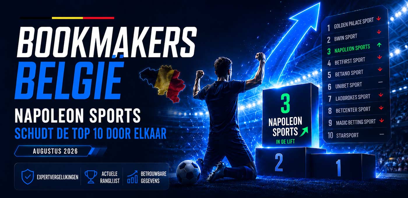 Afbeelding van de ranglijst van Belgische bookmakers waarop Napoleon Sports in augustus 2026 stijgt naar nummer 3.