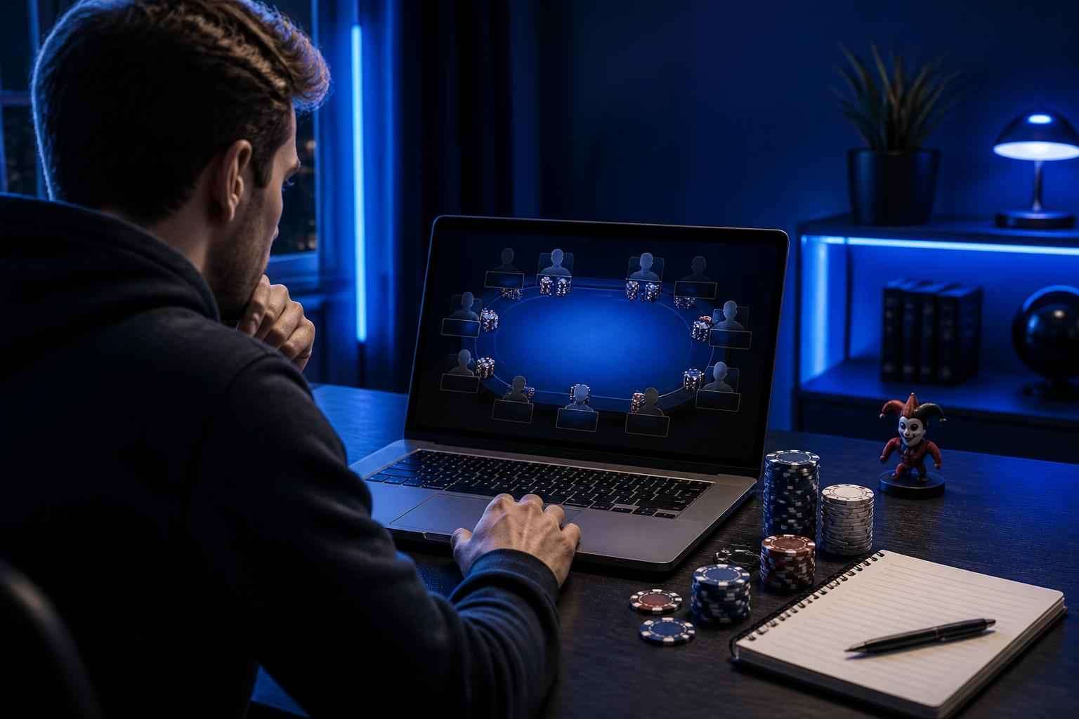 Player preparing to join an online poker tournament at home