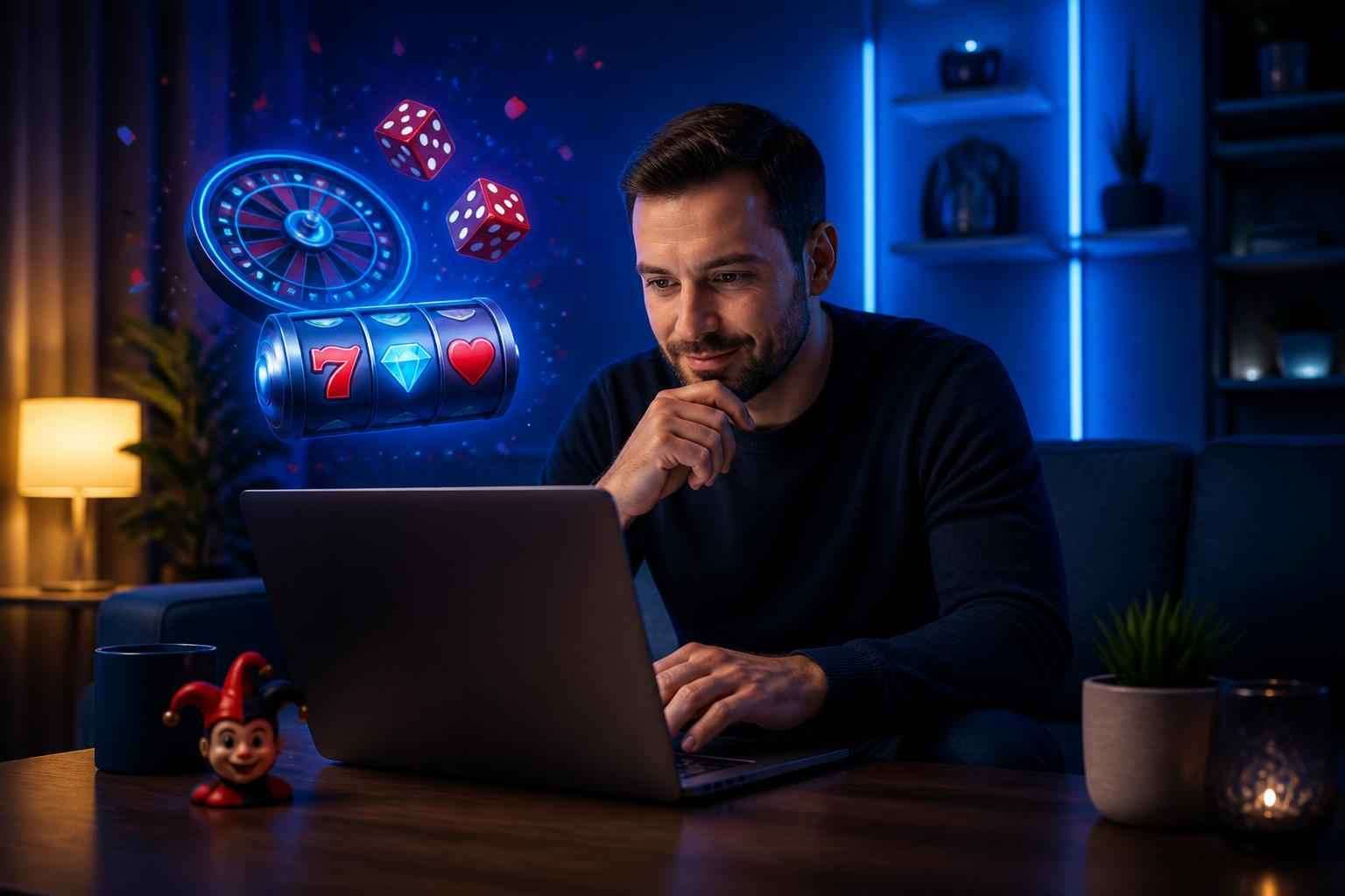 Player checking an online casino jackpot offer on a laptop
