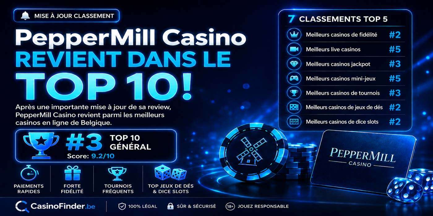 PepperMill Casino revient à la troisième place du Top 10 CasinoFinder avec sept classements Top 5 en Belgique