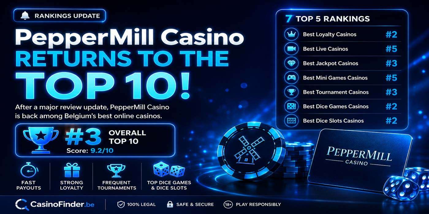 PepperMill Casino returns to the CasinoFinder Top 10 at number 3 overall, with seven Top 5 category rankings in Belgium