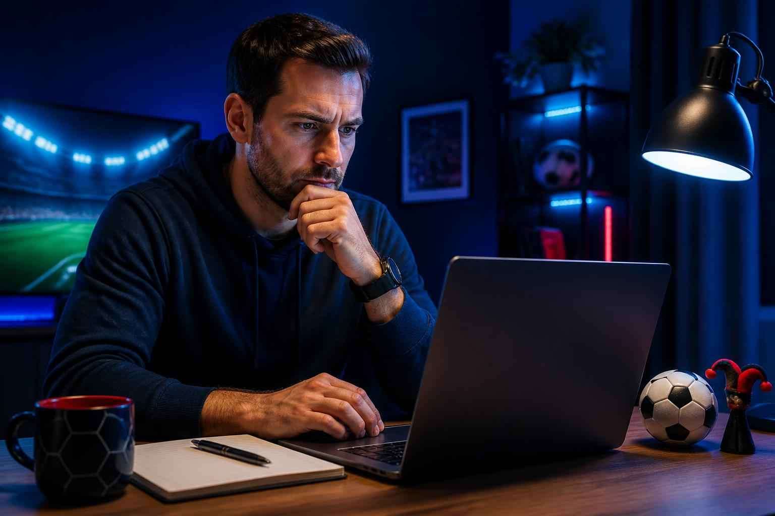 Sports bettor reviewing a welcome betting offer on a laptop